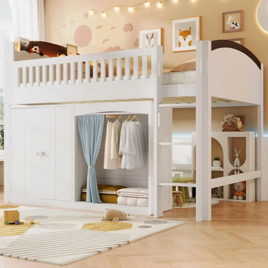 Loft Bed with Storage Cabinet and LED