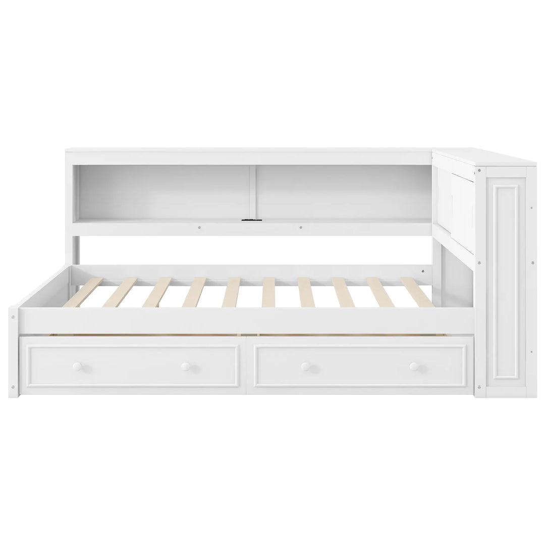 Full Size Wood Daybed with Storage Shelves, USB, LED, and 2 Drawers