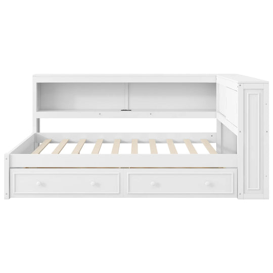 Full Size Wood Daybed with Storage Shelves, USB, LED, and 2 Drawers
