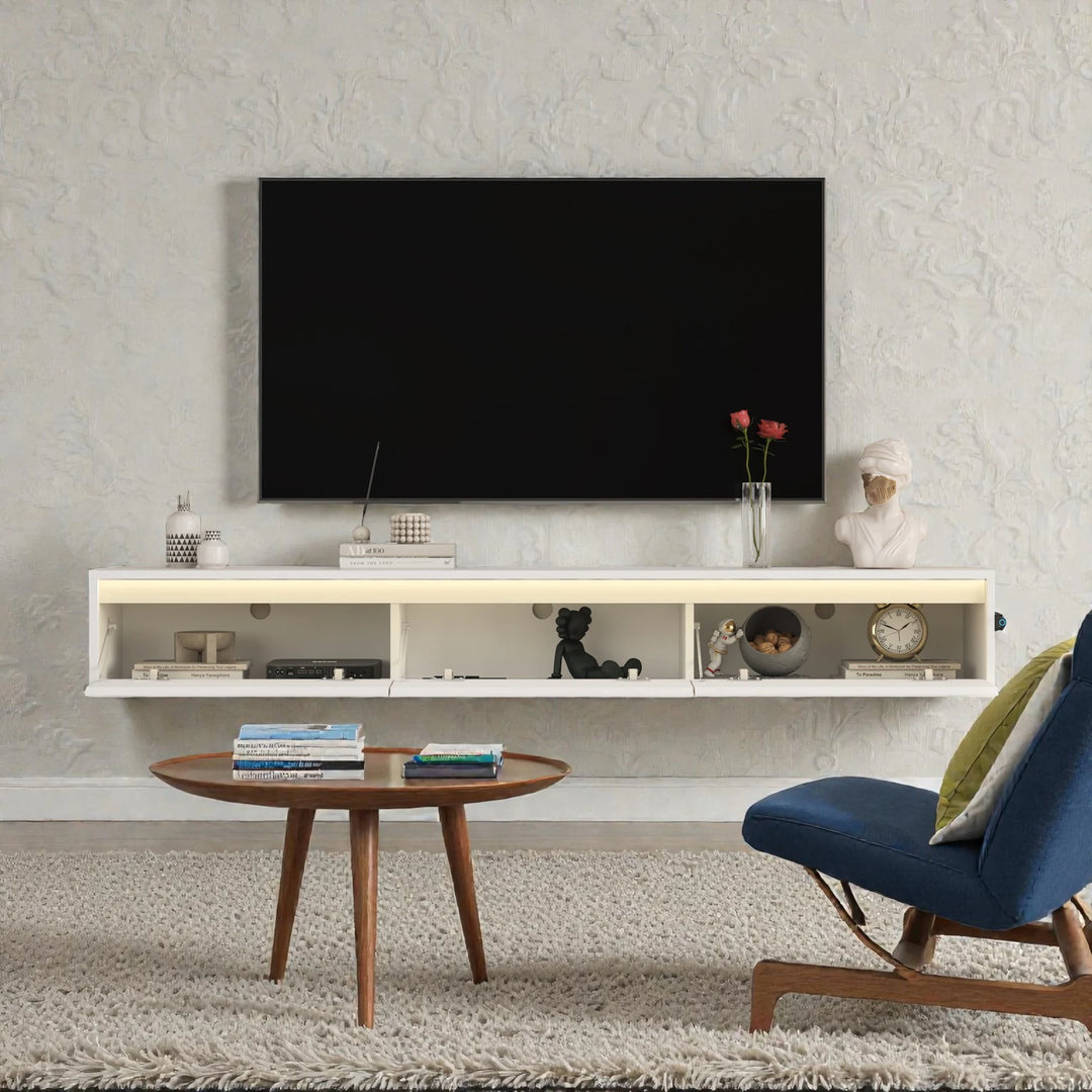 Floating TV Stand with LED Lights and Power Outlet, Wall Mounted High Gloss TV Cabinet for 60-69 Inch Tvs