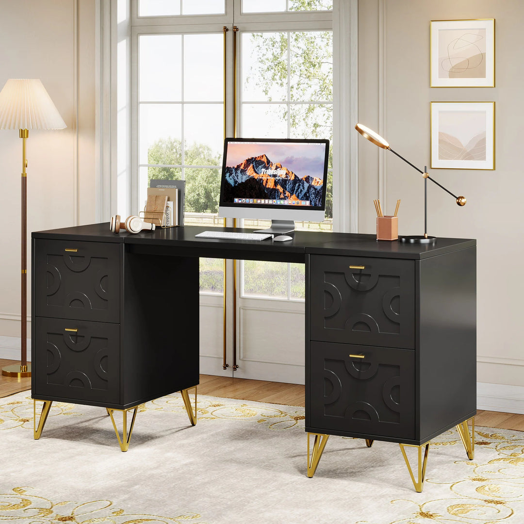 White Computer Desk with File Drawers, 59'' Modern Home Office Desk