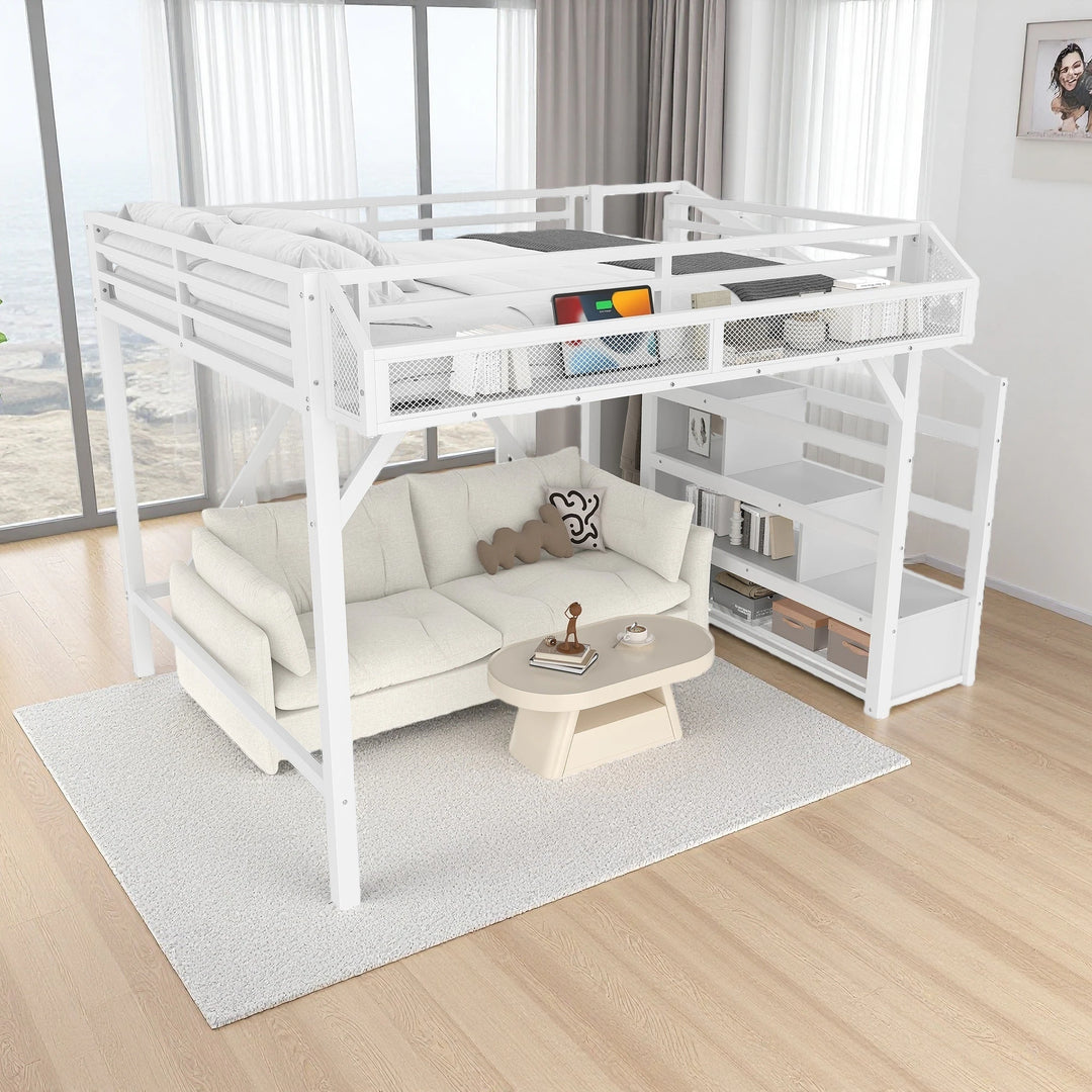 Queen Metal Loft Bed with Storage Stairs, Built-In Wardrobe & Shelves, USB Ports, LED Lights, Noise-Reduced Design