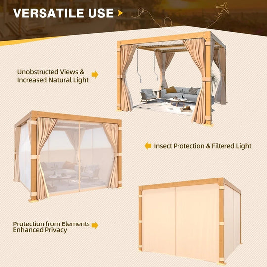 Outdoor Louvered Pergola Gazebo with Adjustable Aluminum Rainproof Roof and Pull-Down Screen