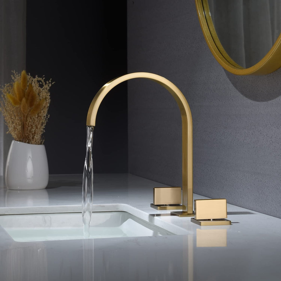 Brushed Gold Two Handles 3 Holes Waterfall Bathroom Sink Faucet with Brass Pop up Overflow Drain