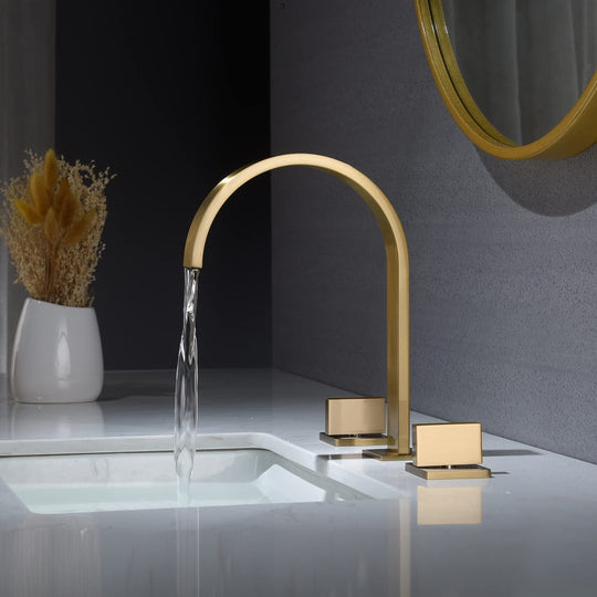 Brushed Gold Two Handles 3 Holes Waterfall Bathroom Sink Faucet with Brass Pop up Overflow Drain