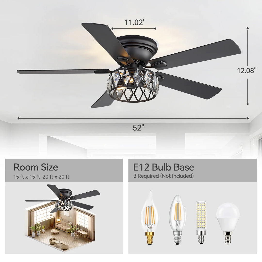 52" Flush Mount 5-Blade Modern Crystal Indoor Ceiling Fan with Light Kit and Remote