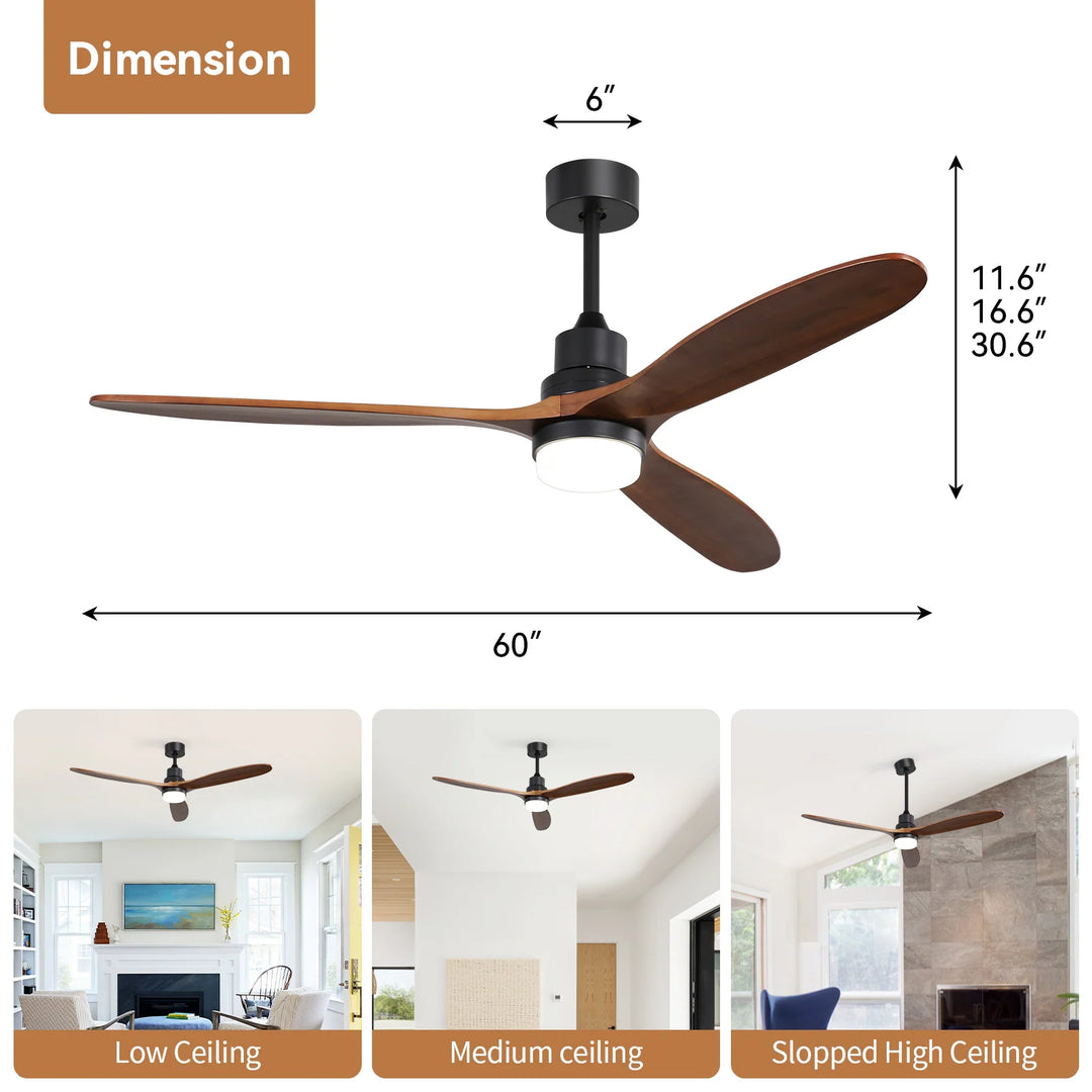 Sofucor 42"/48"/ 52"/60"Noiseless Walnut Wood Ceiling Fan with Remote Control, Integrated Light Optional