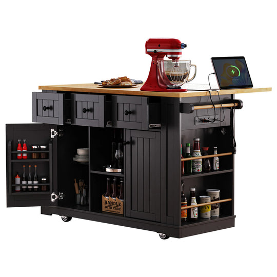 Large Kitchen Island with Drop Leaf,Power Outlet,Door Internal Storage Rack,3 Drawers(Not Include Bar Stools)