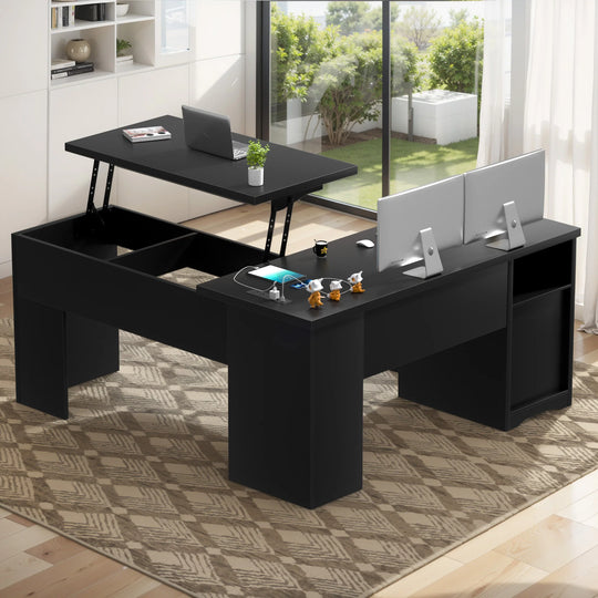 Modern Farmhouse Lift Top L-Shaped Desk with Charge Station, Corner Desk with File Drawers for Home Office
