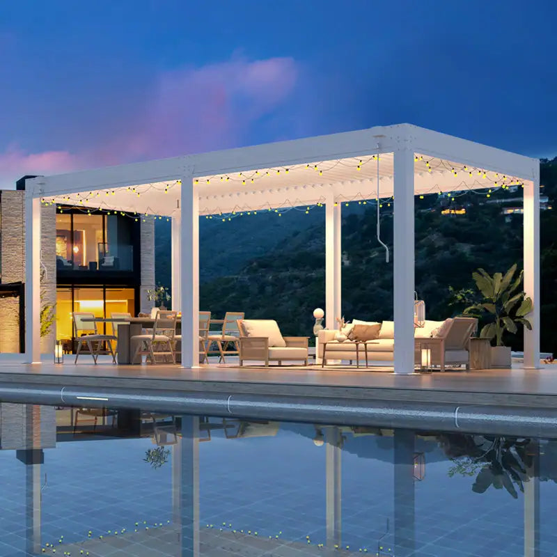 Outdoor Louvered Pergola Gazebo with Adjustable Aluminum Rainproof Roof and Pull-Down Screen