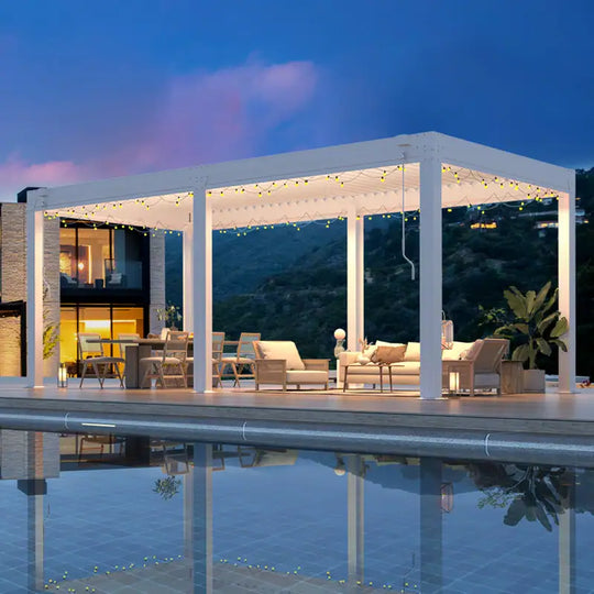 Outdoor Louvered Pergola Gazebo with Adjustable Aluminum Rainproof Roof and Pull-Down Screen
