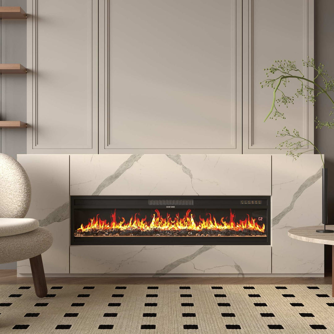 Modern Black Fireplace TV Stand Combo,Remote Fireplace Heater,2 Drawers,Light Strip & USB