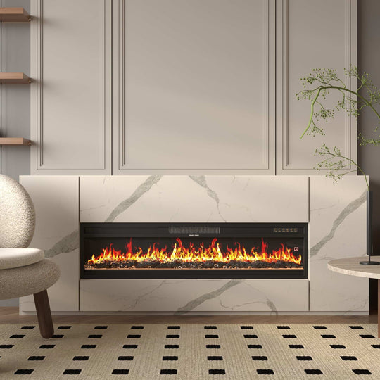 Modern Black Fireplace TV Stand Combo,Remote Fireplace Heater,2 Drawers,Light Strip & USB