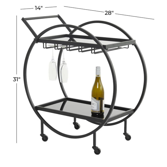 Metal Rolling 2 Mirrored Shelves Bar Cart with Wine Glass Storage and Handle
