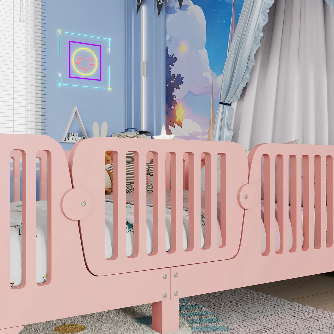 Full Size Montessori Floor Bed Frame with Safety Rails and Removable Door, Low Profile Kids Bed with Slatted Support