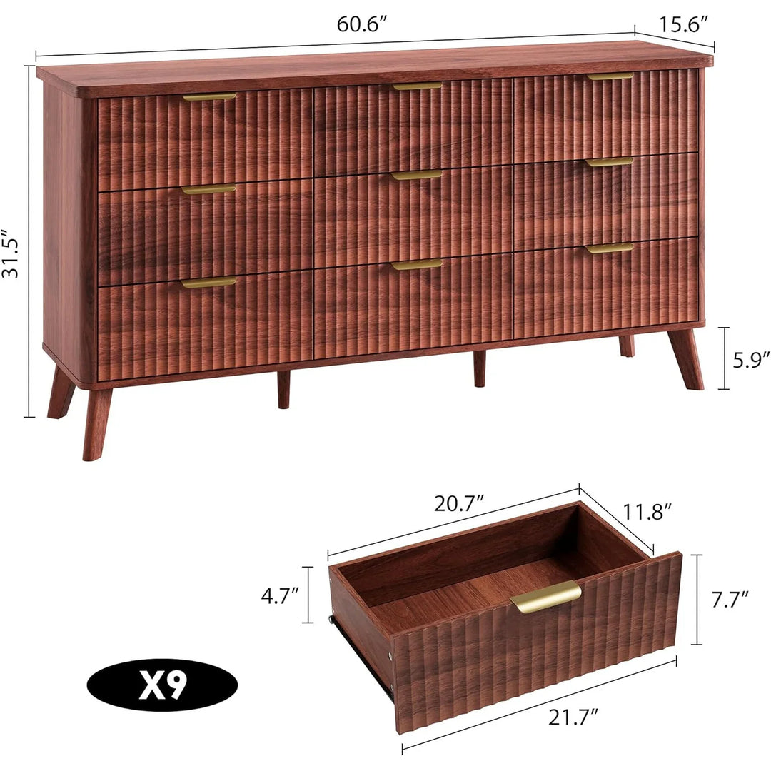 Fluted 9-Drawer Dresser, 60.6" Wide Modern Wooden Chest with Curved Design, Dresser TV Stand for Living Room, Walnut