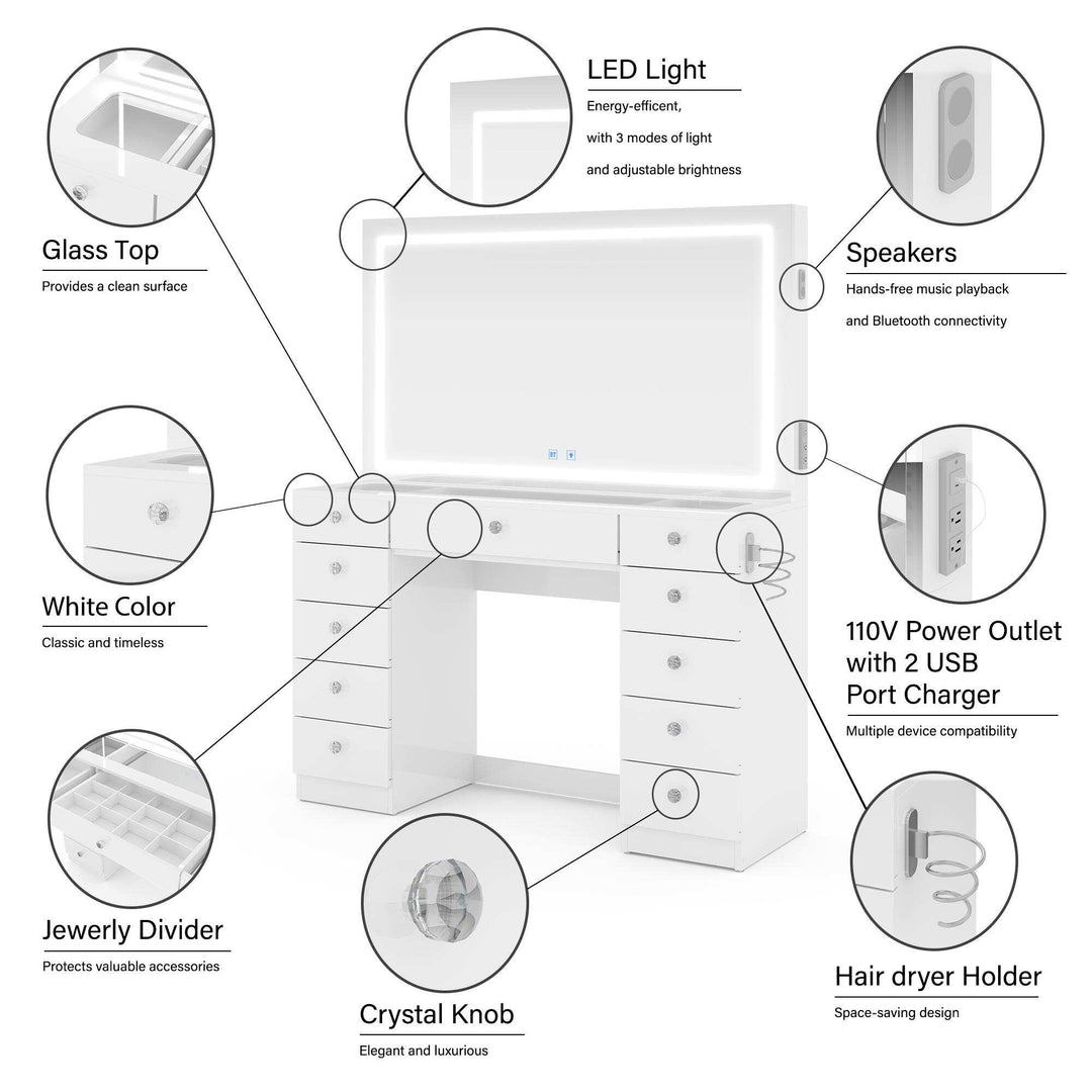 Makeup Vanity Desk W/ Free Black Storage Stool, Full-Width, Dimmable LED Mirror, Bluetooth, 11 Drawers