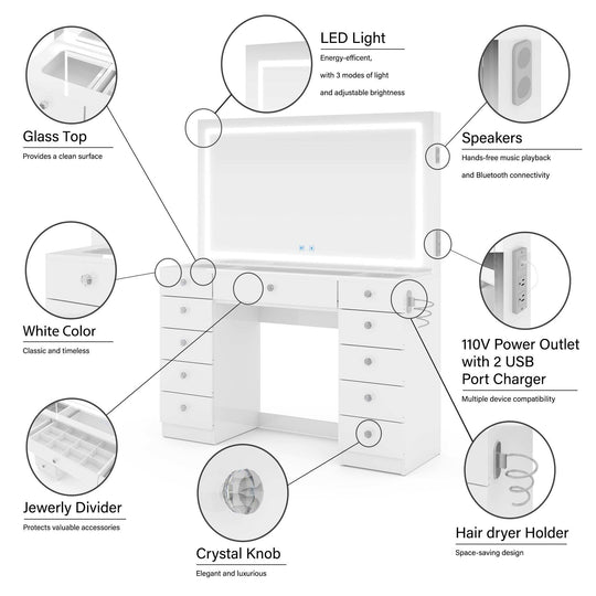 Makeup Vanity Desk W/ Free Black Storage Stool, Full-Width, Dimmable LED Mirror, Bluetooth, 11 Drawers