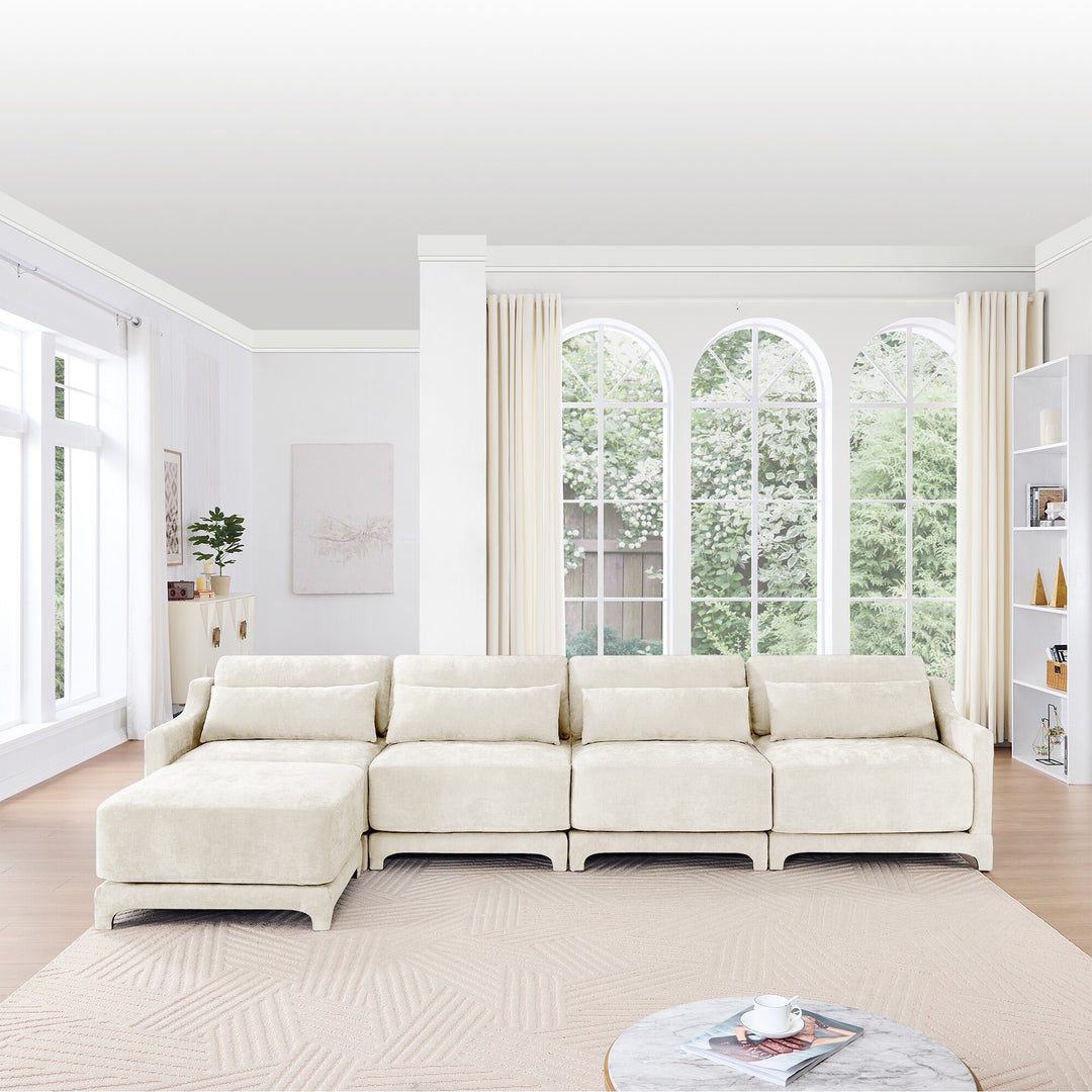 Modern Chenille 4-Seater Sofa with 2 Ottoman, Lumbar Cushions, Ergonomic Backrest, High-Resilience Spongeand Tufted Armrests