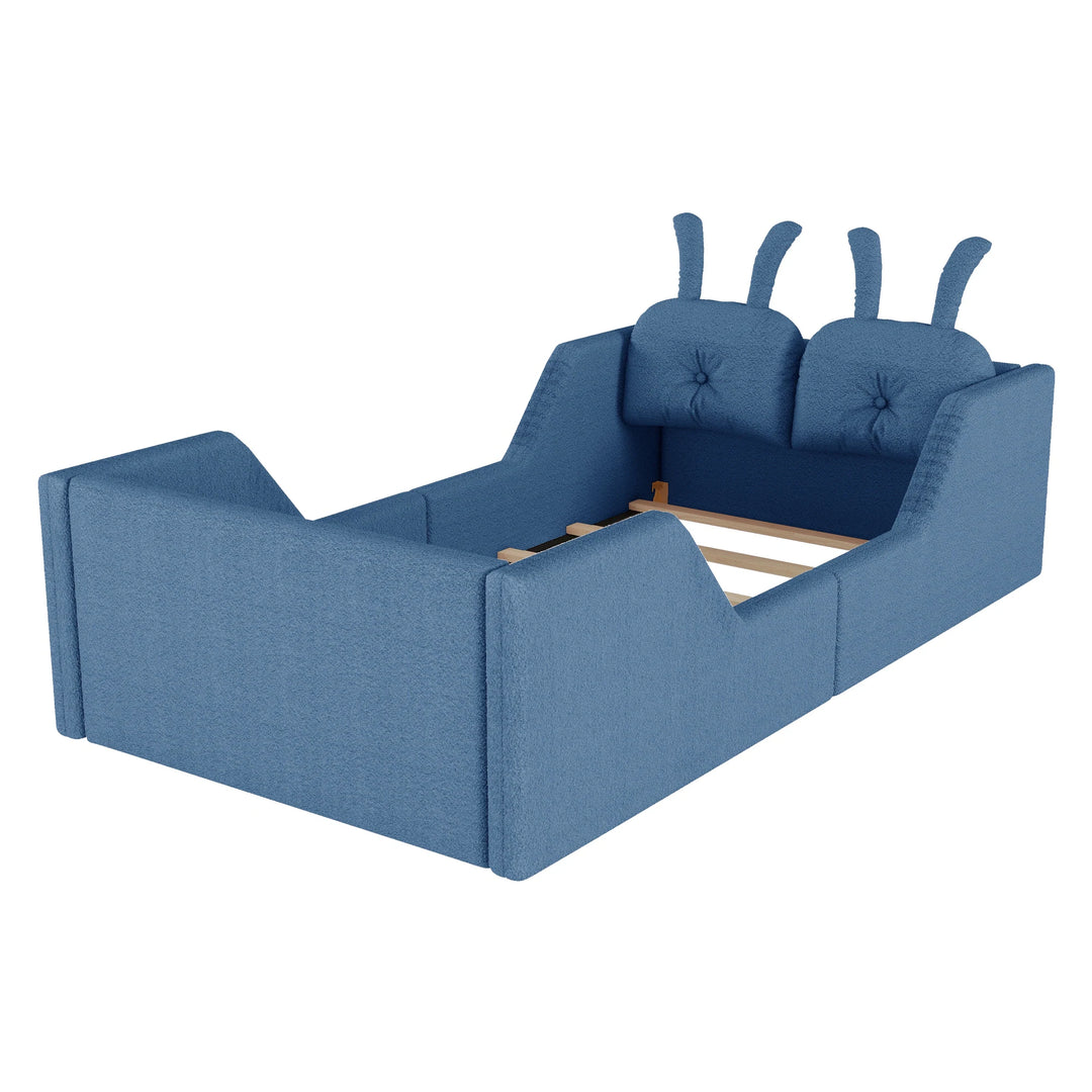 Twin Size Upholstered Platform Bed with Rabbit Cushion, Floor Upholstered Bed with Removable Side Rails