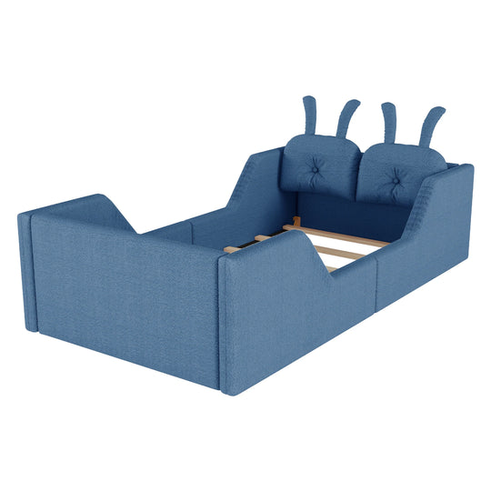 Twin Size Upholstered Platform Bed with Rabbit Cushion, Floor Upholstered Bed with Removable Side Rails