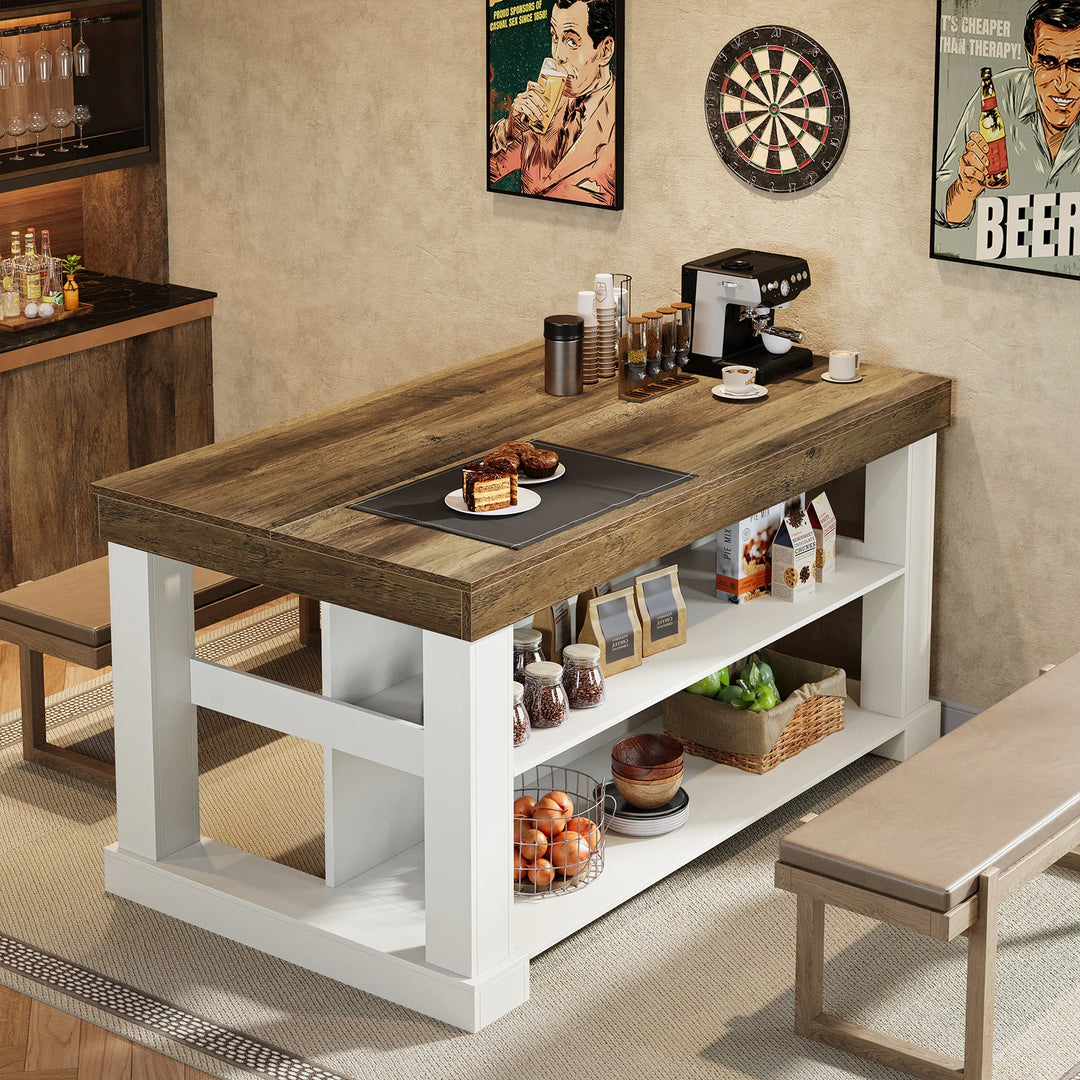 55-Inch Stationary Kitchen Island with Storage Shelves and Large Worktop, Farmhouse Style, Light Brown