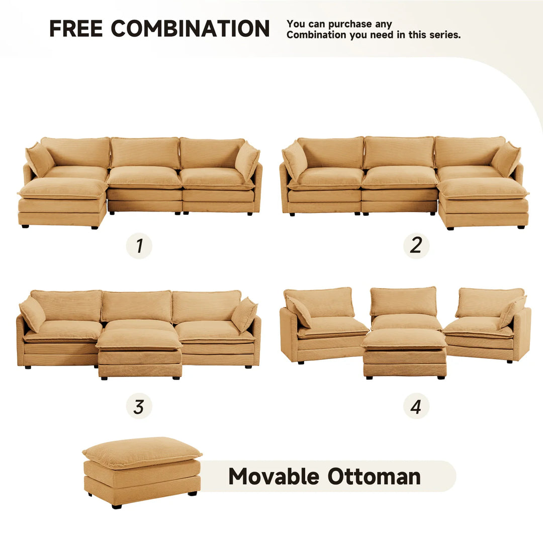 Corduroy Sectional Sofa with Removable Ottomans & Ultra-Soft Cushions for Living Room & Bedroom