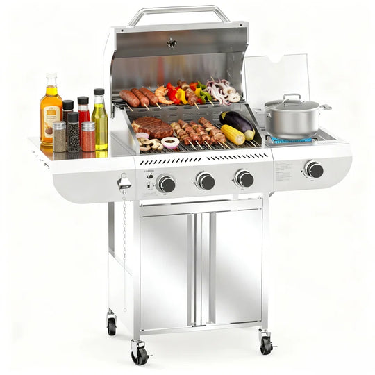 3+1 Burners 34000 Btu Lp Gas Grill with Side Burner for Outdoor Garden Patio Backyard Barbecue Cooking