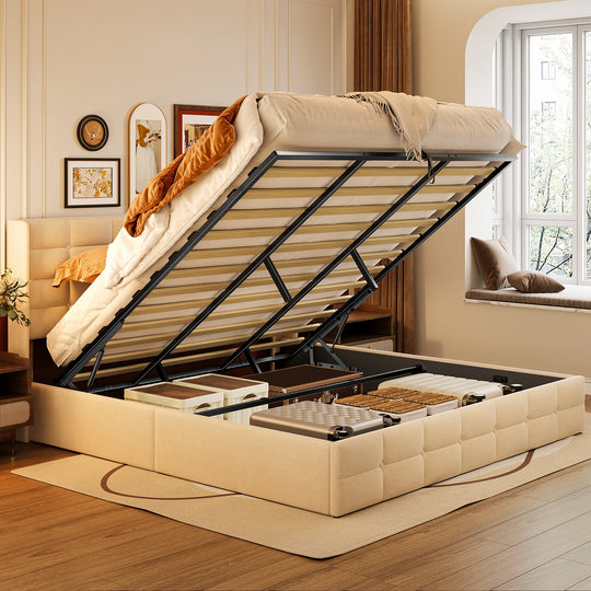 Lift up Storage Bed Frame, Upholstered Platform Bed Frame with Hydraulic Storage System and Headboard