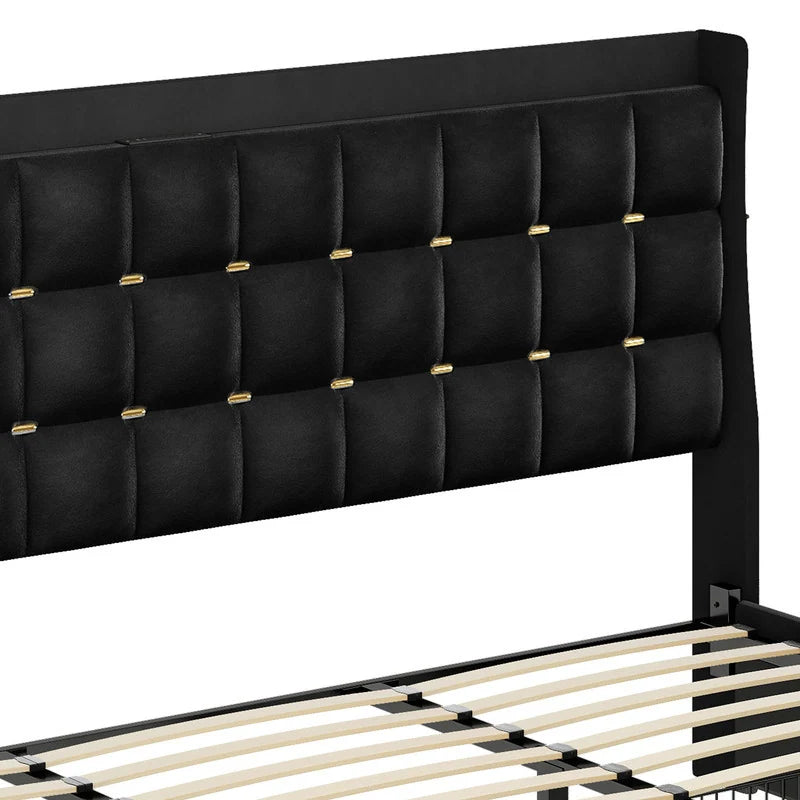 Queen/King Size Velvet Upholstered Bed with Charging Station and Storage Drawers