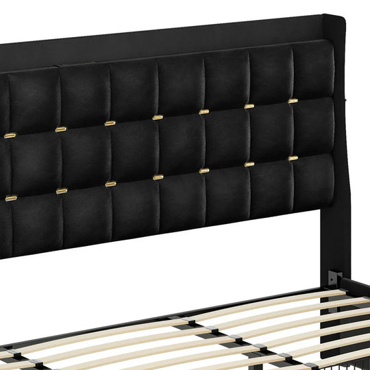 Queen/King Size Velvet Upholstered Bed with Charging Station and Storage Drawers