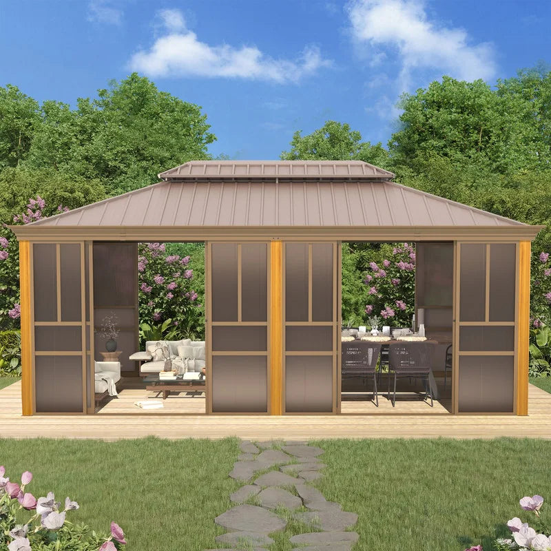 Outdoor Hardtop Sunroom Gazebo with Double Roof & Sliding Doors, All-Season Aluminum Outdoor Pergola, PE Screens&Lockable Design