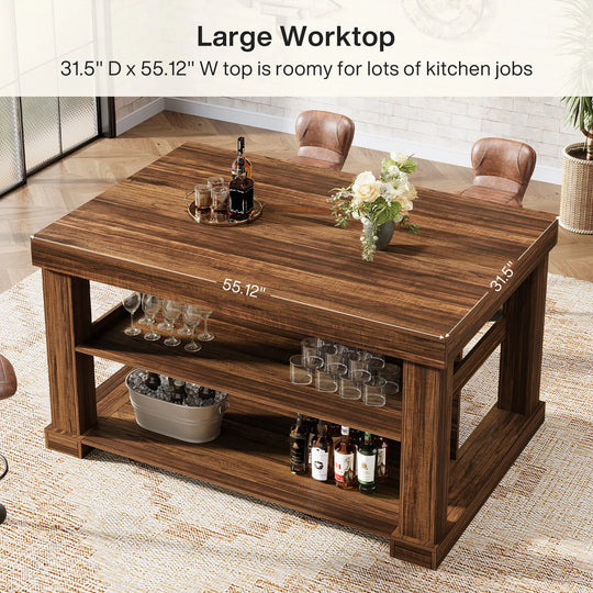 55-Inch Stationary Kitchen Island with Storage Shelves and Large Worktop, Farmhouse Style, Light Brown