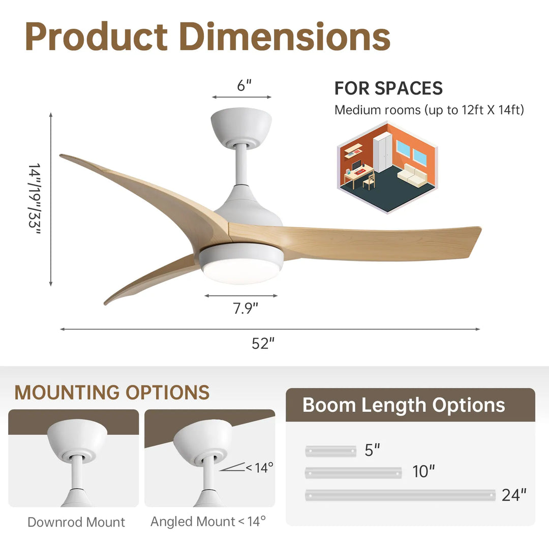 Sofucor 42"/48"/ 52"/60"Noiseless Walnut Wood Ceiling Fan with Remote Control, Integrated Light Optional