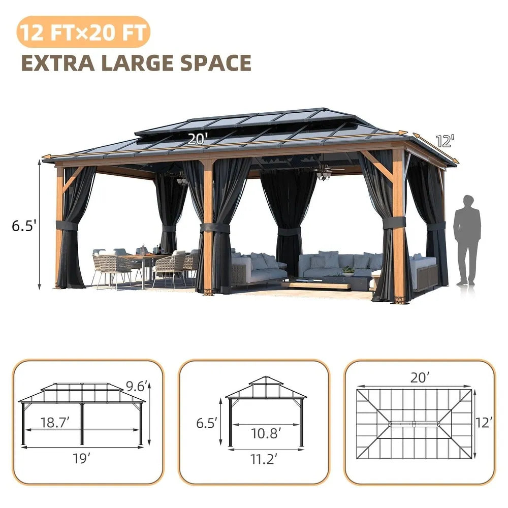Hardtop Wood Gazebo with Double Roof – Free Dust Cover with 12X16 or 12X20 Model – Waterproof Outdoor Gazebo