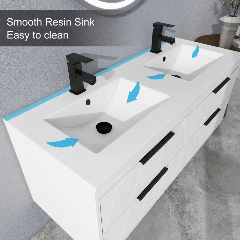 Ciarra Sharee 48" Modern Wall-Mount Double Sink Bathroom Vanity with Resin Top, Zinc Alloy Faucet, Painted Floating Cabinet, Soft-Close Drawers