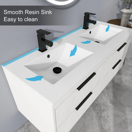 Ciarra Sharee 48" Modern Wall-Mount Double Sink Bathroom Vanity with Resin Top, Zinc Alloy Faucet, Painted Floating Cabinet, Soft-Close Drawers