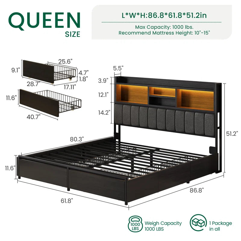 Bed Frame with 6 Storage Drawers, Linen Upholstered Headboard, Built in Charging Station and Led