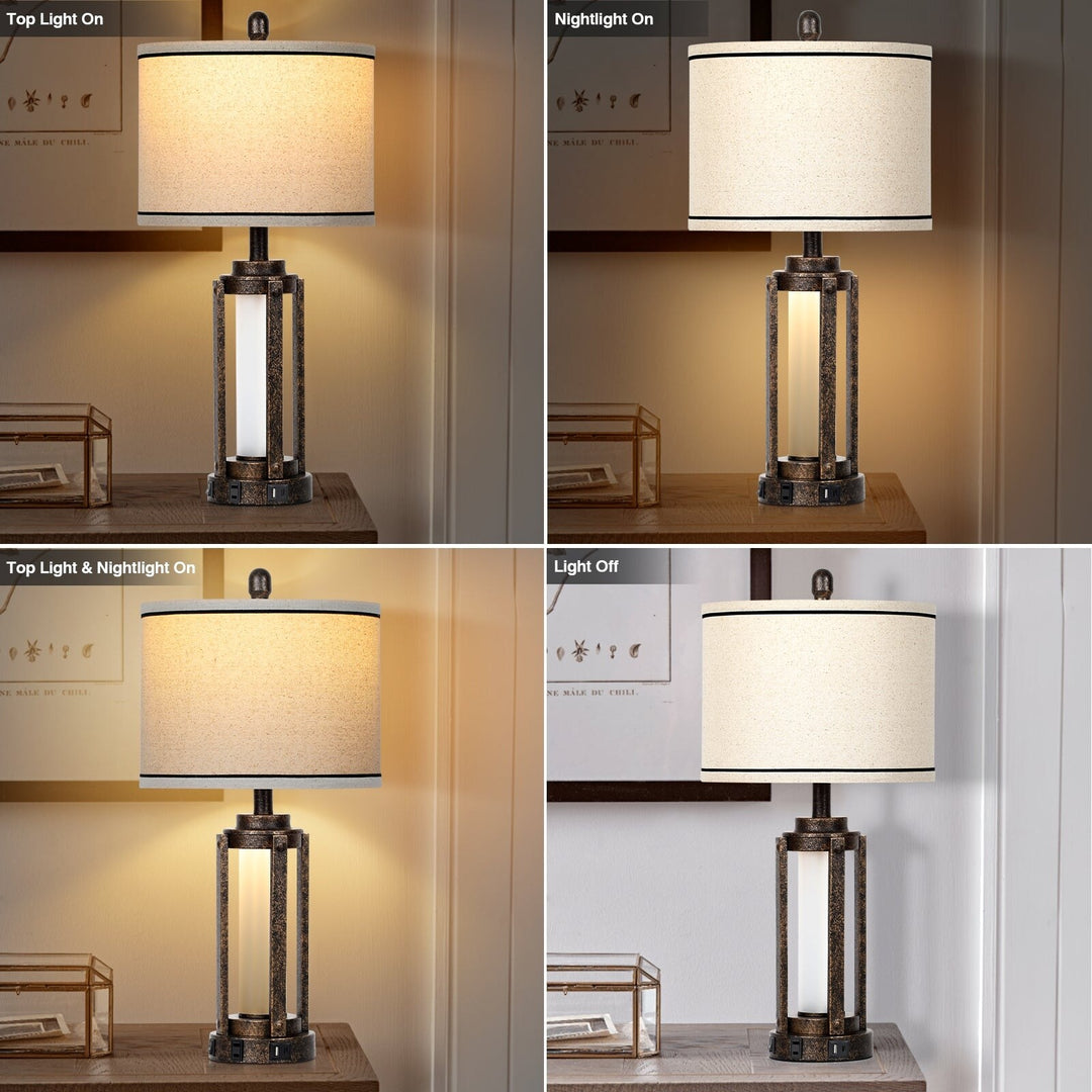 Set of 2 Roman Column Table Lamps with Nightlight and USB Port, Black and Gold