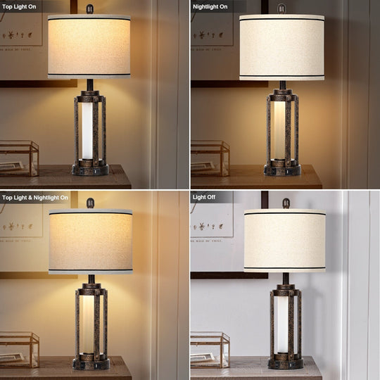 Set of 2 Roman Column Table Lamps with Nightlight and USB Port, Black and Gold