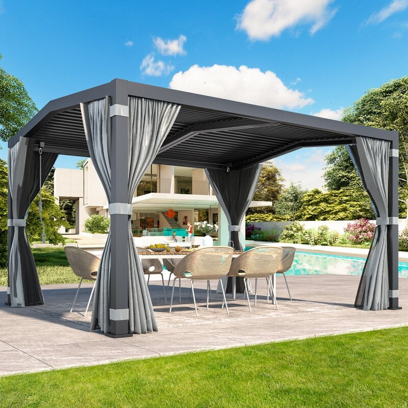 Outdoor Louvered Pergola Gazebo with Adjustable Aluminum Rainproof Roof and Pull-Down Screen