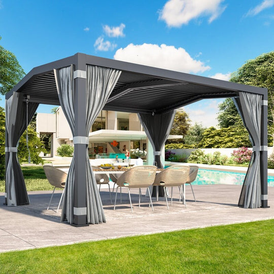 Outdoor Louvered Pergola Gazebo with Adjustable Aluminum Rainproof Roof and Pull-Down Screen