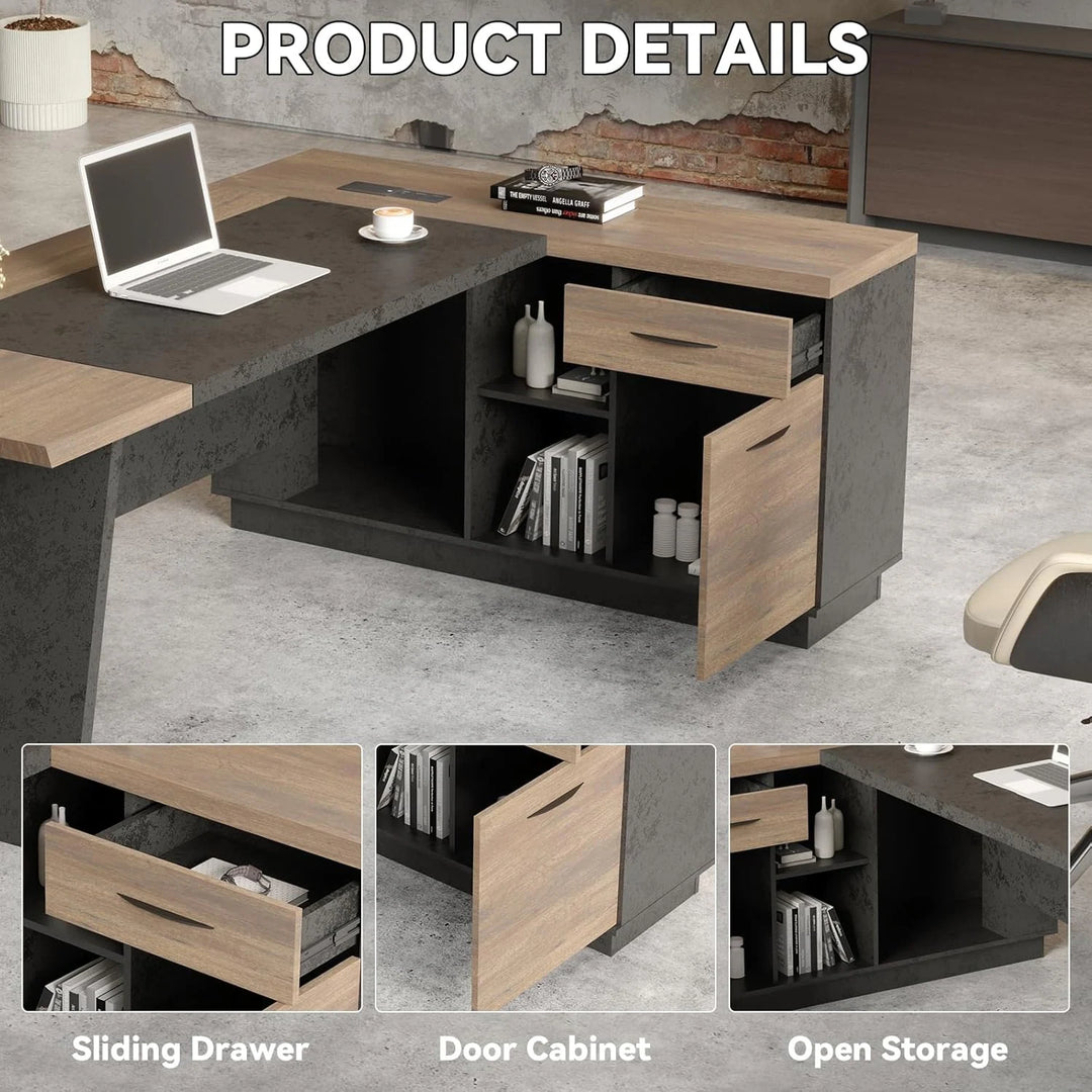 78.74 Inches L-Shape Executive Desk, Industrial Wood Desk with Cabinet Drawer Storage Shelves