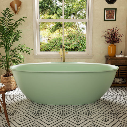 Luxury Flatbottom Solid Surface Freestanding Soaking Bathtub with Discreet Towel Slot and Drain Assembly