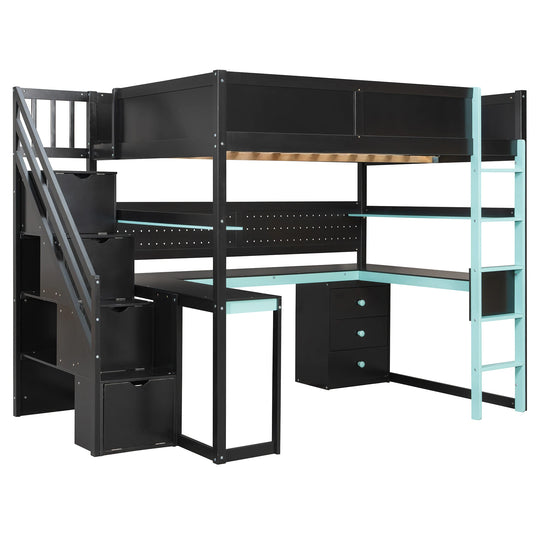 Full Size Wooden Gaming Loft Bed with Storage Stairs, Desk, Shelves and Pegboard