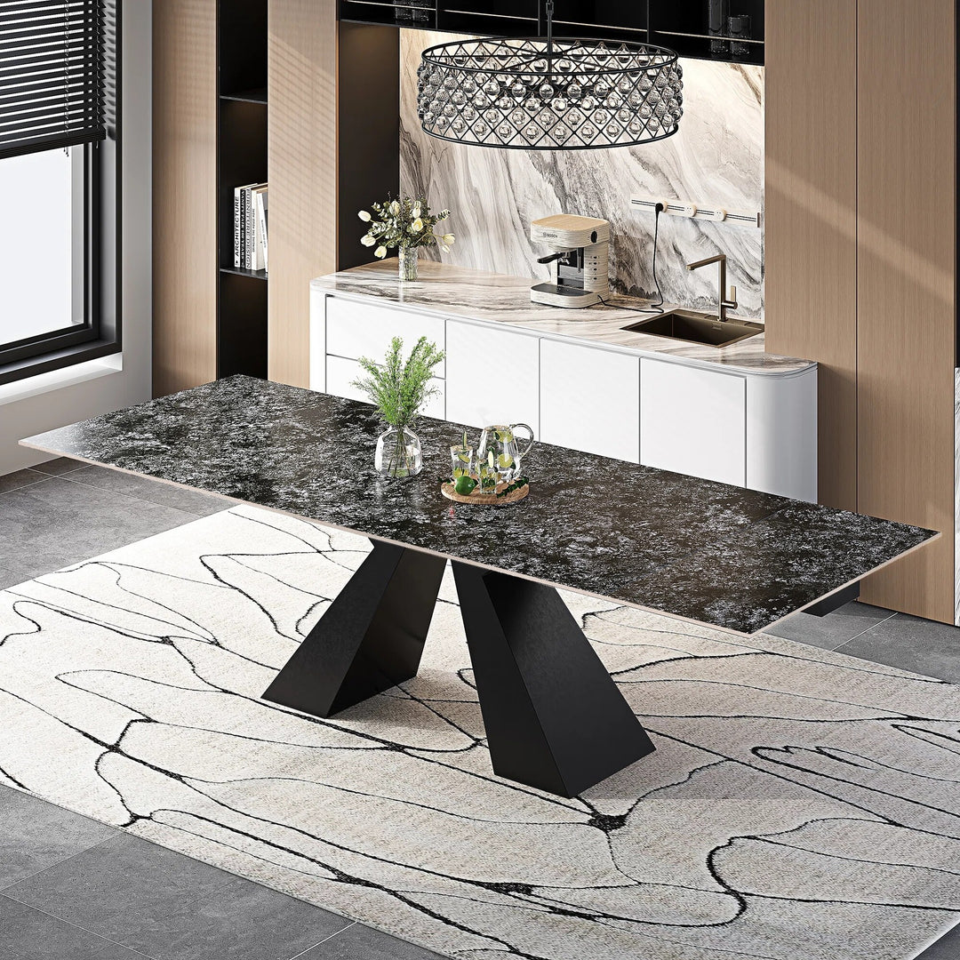 Minimalism Extendable Rectangular Sintered Stone Double Pedestal Dining Table Seat for 8-12 - 110.24"