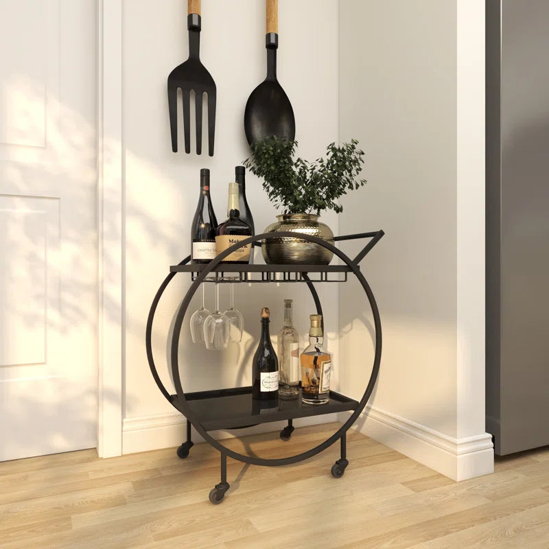Metal Rolling 2 Mirrored Shelves Bar Cart with Wine Glass Storage and Handle