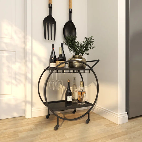 Metal Rolling 2 Mirrored Shelves Bar Cart with Wine Glass Storage and Handle