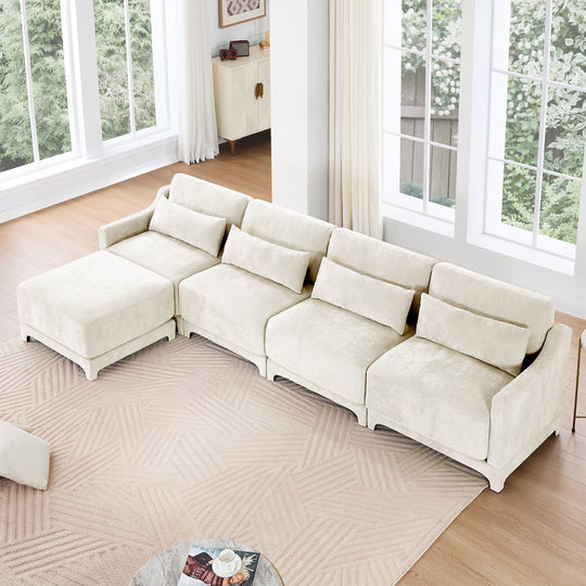 Modern Chenille 4-Seater Sofa with 2 Ottoman, Lumbar Cushions, Ergonomic Backrest, High-Resilience Spongeand Tufted Armrests