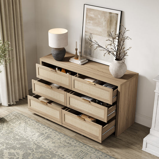 Elegant Right Angled Dresser with 6 Rattan Woven Drawers